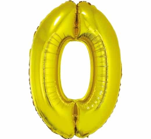 Aukso spalvos, blizgus folinis balionas skaičius "0", 92 cm dydžio