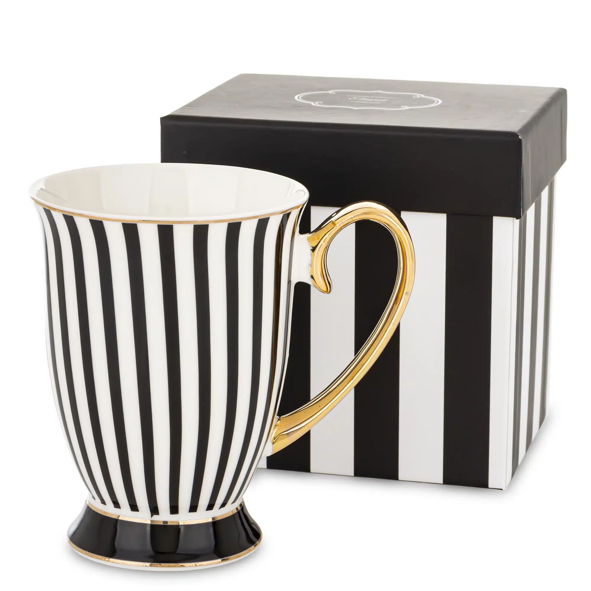 Juodai baltas dryžuotas porcelianinis puodelis