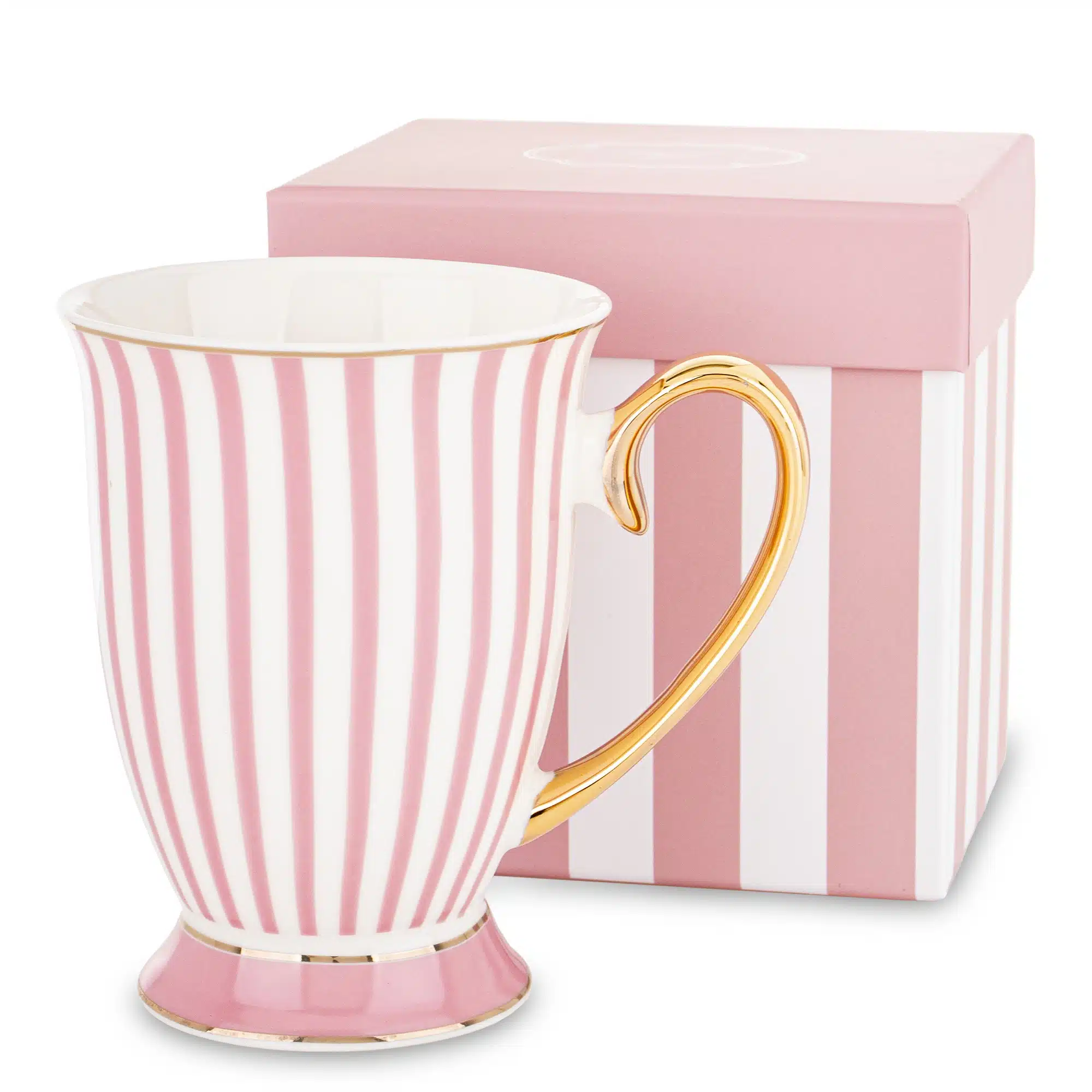 Rožinis baltas dryžuotas porcelianinis puodelis